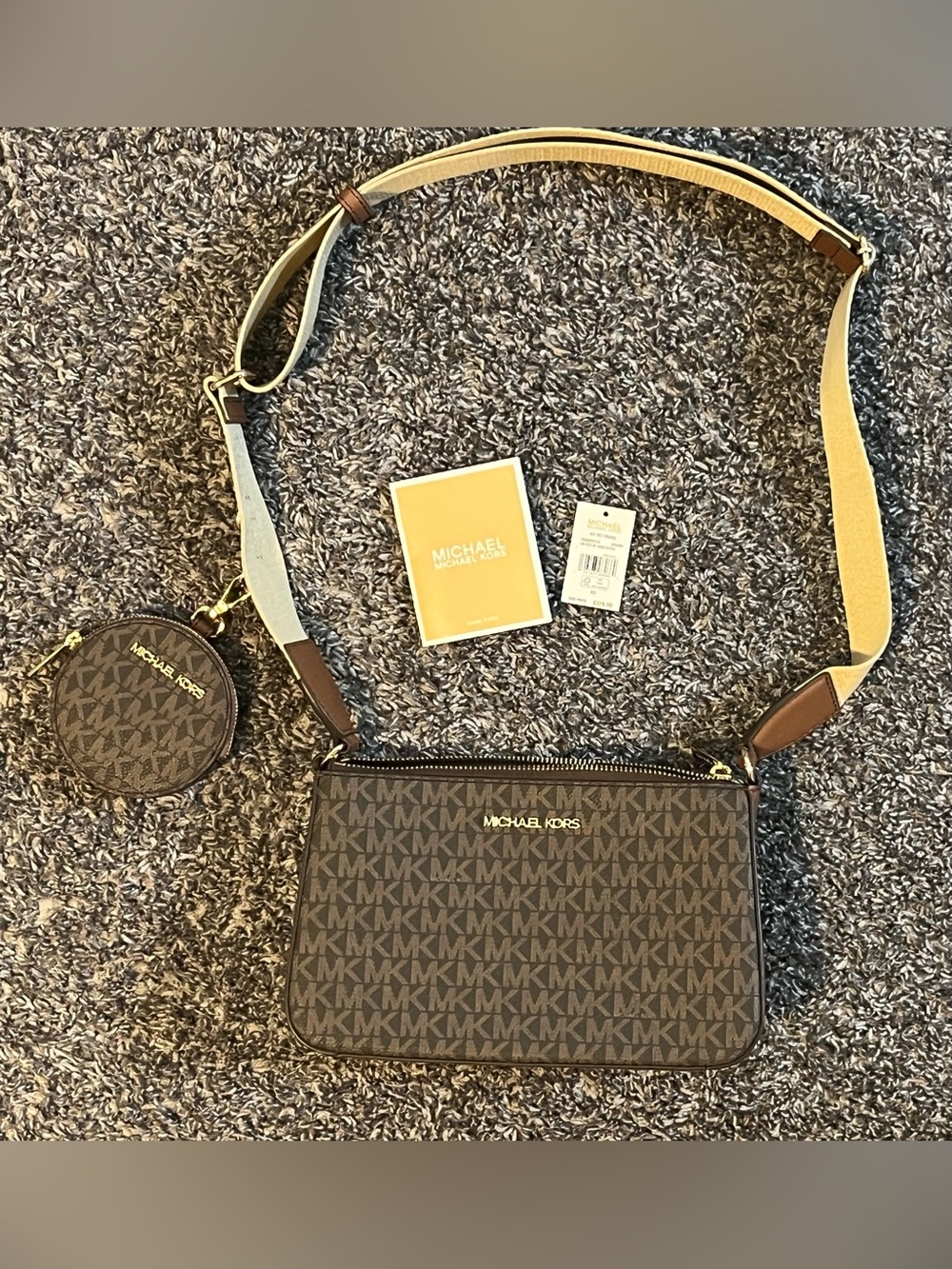 Michael Kors MK Brown/Gold Monogram Jet set Crossbody Purse Coin Pouch new